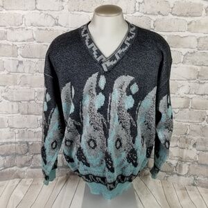 Vintage 80s Oversized Grampa VNeck Sweater Paisley Large Gray